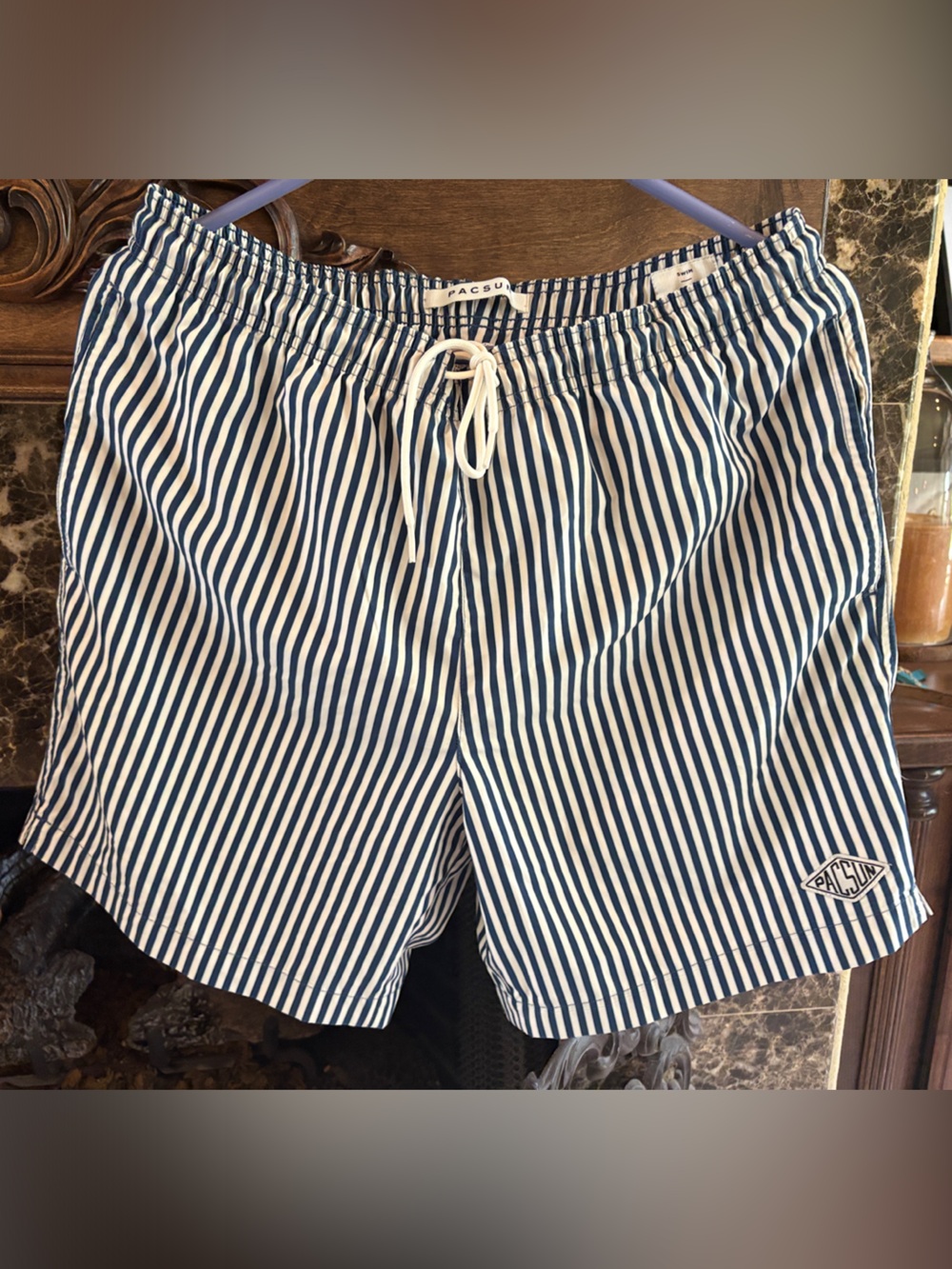 PacSun Navy and White Vertical Stripe Swim Trunks